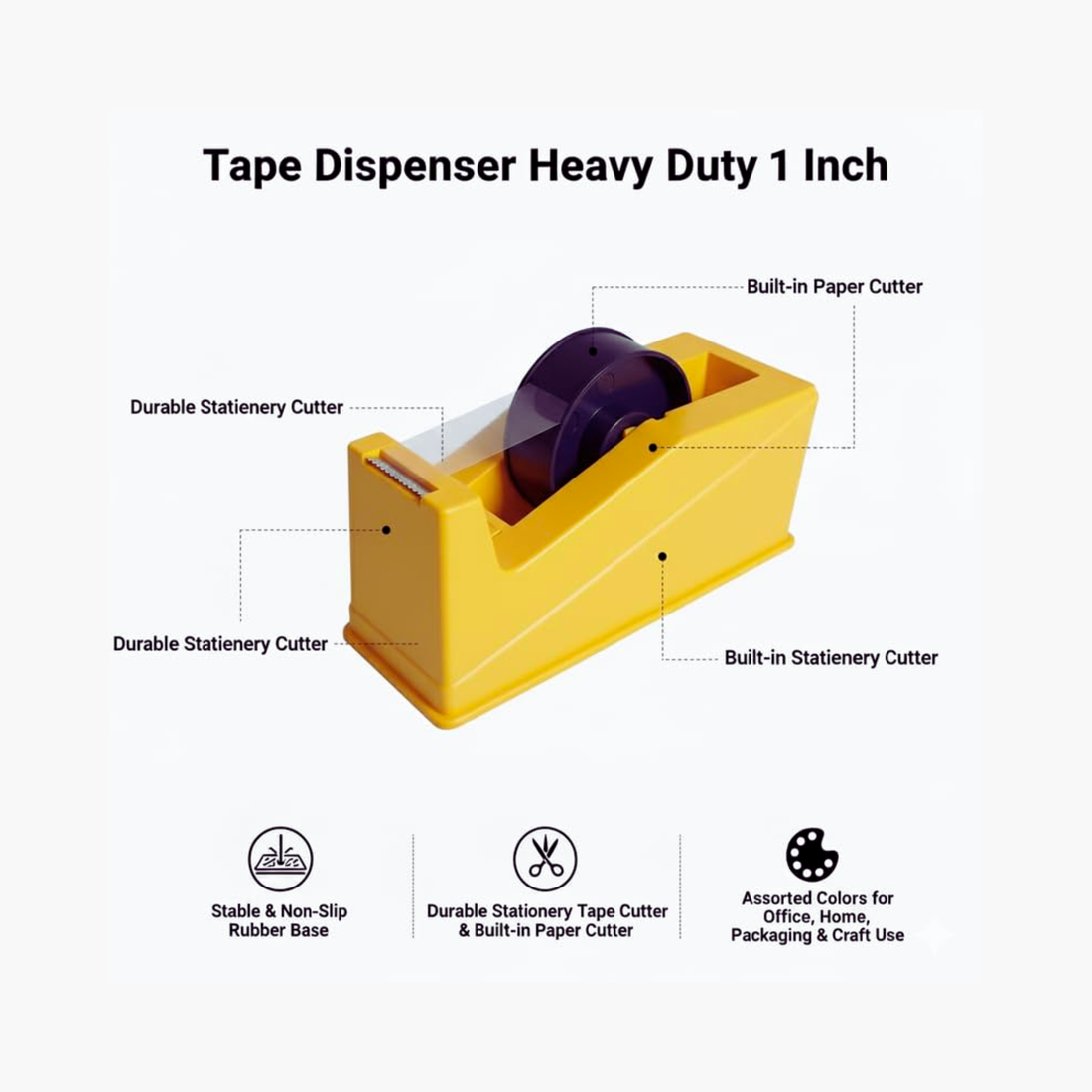 Tape Dispenser Heavy Duty 1 Inch | Durable Stationery Tape Cutter with Rubber Base | Tape Holder